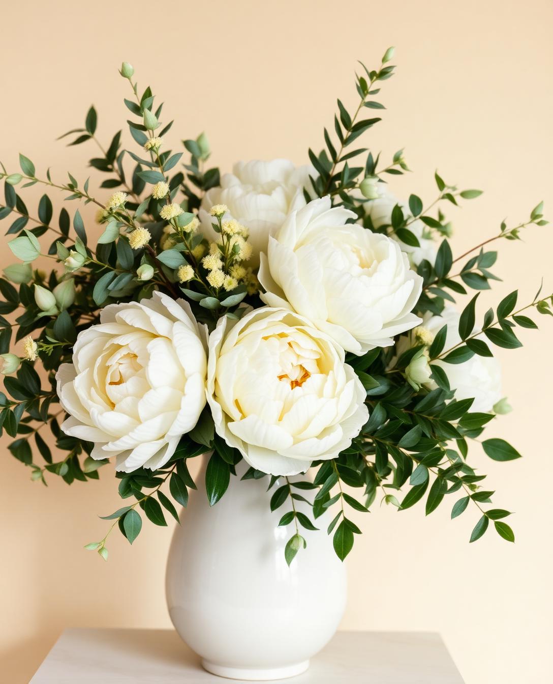Bouquet artisanal de pivoines blanches et eucalyptus